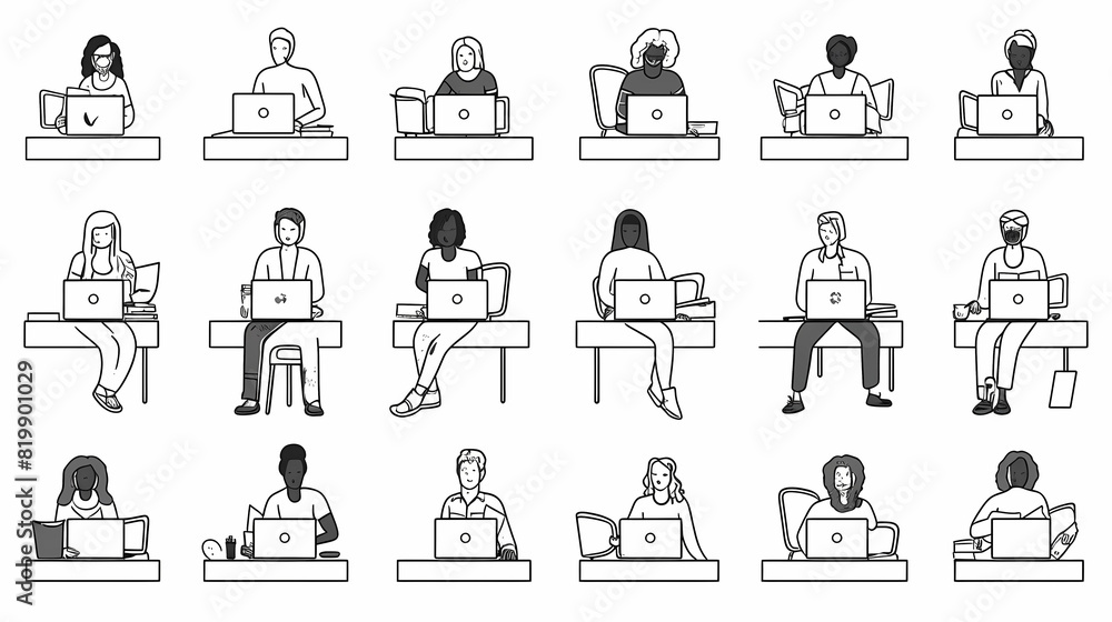 Set of black and white cartoon illustrations for freelancers Adults who have traveled far from isolated 2D cultures. Teleworking monochrome vector image collection Set of black and white cartoon illustrations for freelancers Adults who have traveled far from isolated 2D cultures. Teleworking monochrome vector image collection