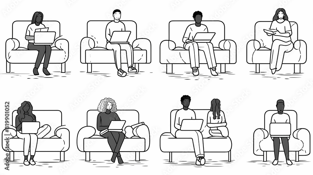 Set of black and white cartoon illustrations for freelancers Adults who have traveled far from isolated 2D cultures. Teleworking monochrome vector image collection Set of black and white cartoon illustrations for freelancers Adults who have traveled far from isolated 2D cultures. Teleworking monochrome vector image collection