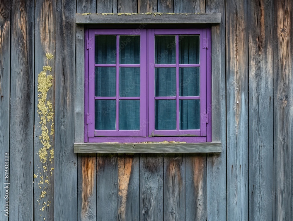 A window with purple curtains is shown in front of a wooden wall