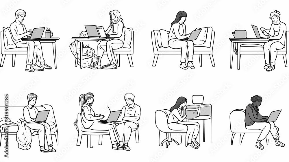 Set of black and white cartoon illustrations for freelancers Adults who have traveled far from isolated 2D cultures. Teleworking monochrome vector image collection Set of black and white cartoon illustrations for freelancers Adults who have traveled far from isolated 2D cultures. Teleworking monochrome vector image collection