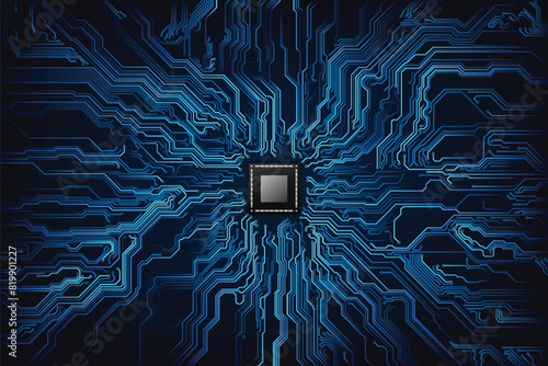 CPU Chip on Motherboard - abstract 3D render of a computer processor chip on a circuit board with microchips and other computer parts