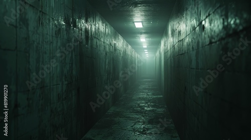 Long, dimly lit corridor with a greenish hue photo