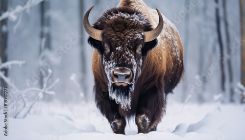 A mighty American Bison thick fur covered with frost and snow, Bison walks in extreme winter weather, standing above snow with a view of the frost mountains