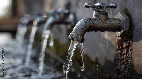 Series of water taps with one in the foreground leaking water