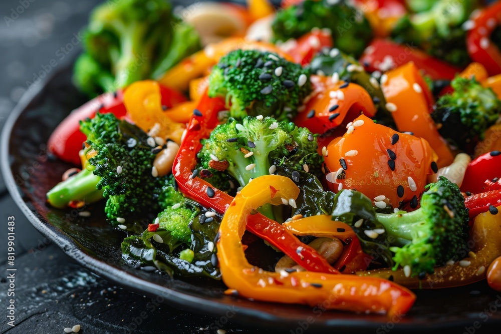 Healthy Kelp and Vegetable Stir-Fry with Colorful Peppers and Broccoli in Soy Sauce, Ideal for Nutrient-Rich Meal Concept Healthy Kelp and Vegetable Stir-Fry with Colorful Peppers and Broccoli in Soy Sauce, Ideal for Nutrient-Rich Meal Concept