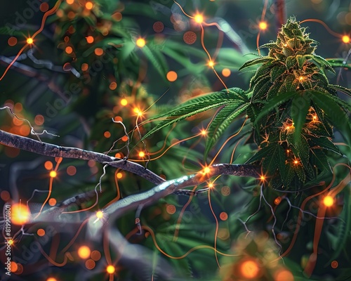 Neural pathways illuminated by cannabis leaves, representing the brain's response to cannabinoids and healing