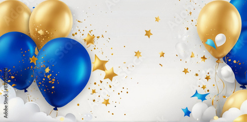 Birthday party decoration with blue and gold balls on the white background