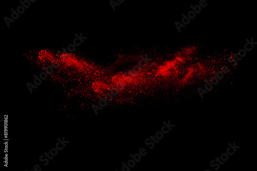 Red powder explosion on white background. Colored cloud. Colorful dust explode. Paint Holi
