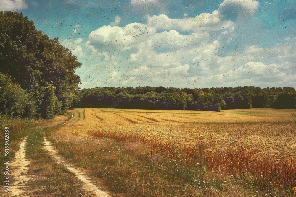 A serene view of a dirt road in a field with trees in the background. Suitable for nature or rural themed projects