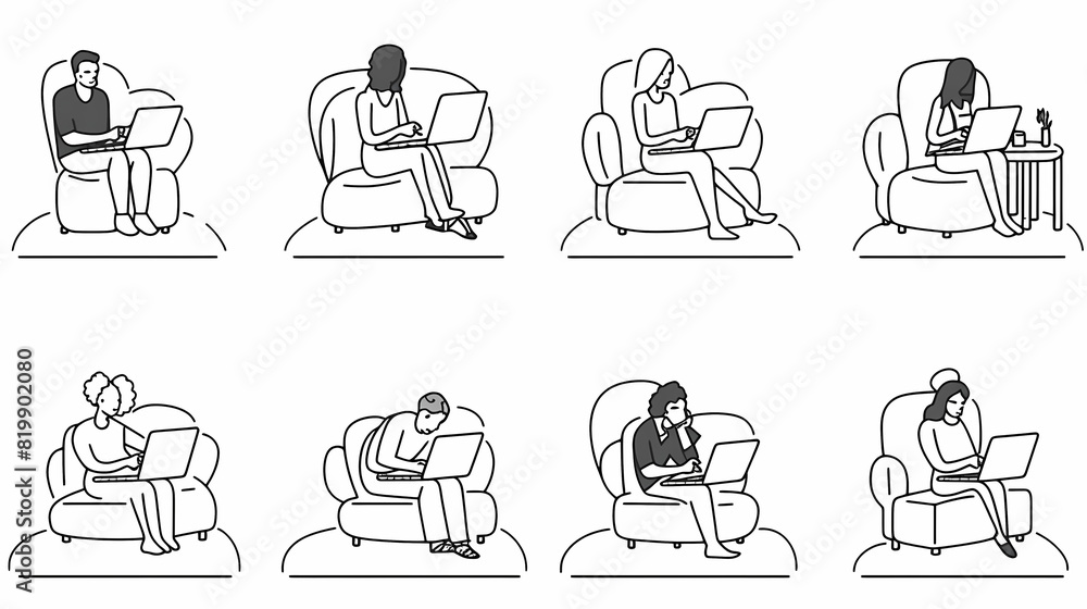 Set of black and white cartoon illustrations for freelancers Adults who have traveled far from isolated 2D cultures. Teleworking monochrome vector image collection Set of black and white cartoon illustrations for freelancers Adults who have traveled far from isolated 2D cultures. Teleworking monochrome vector image collection