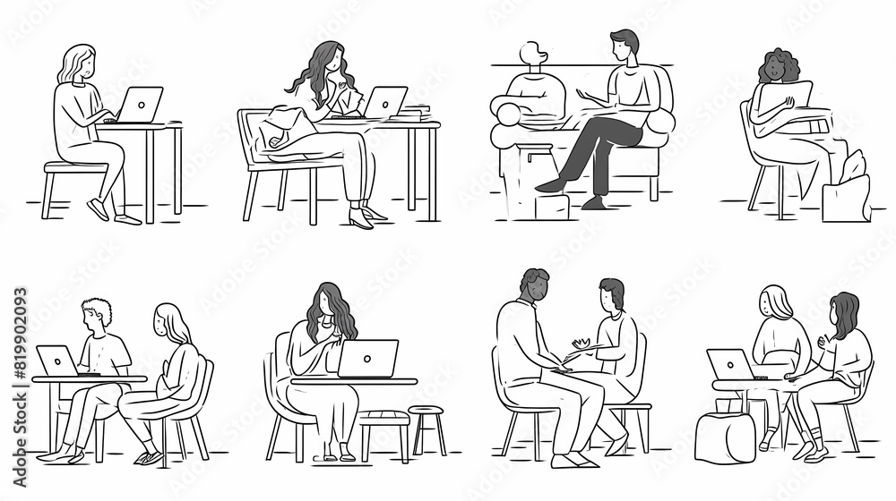 Set of black and white cartoon illustrations for freelancers Adults who have traveled far from isolated 2D cultures. Teleworking monochrome vector image collection Set of black and white cartoon illustrations for freelancers Adults who have traveled far from isolated 2D cultures. Teleworking monochrome vector image collection
