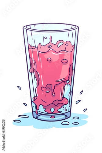 A glass of water with a pink liquid. The liquid is overflowing. photo