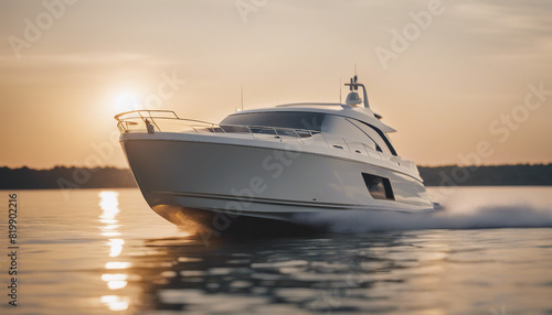 luxury speed boat vehicle yacht white, golden hour.  © abu
