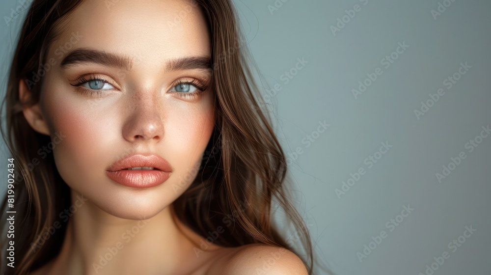 A vision of beauty and sophistication, a young woman with brown hair and delicate evening makeup gazes directly at the viewer, exuding confidence and grace. A vision of beauty and sophistication, a young woman with brown hair and delicate evening makeup gazes directly at the viewer, exuding confidence and grace.