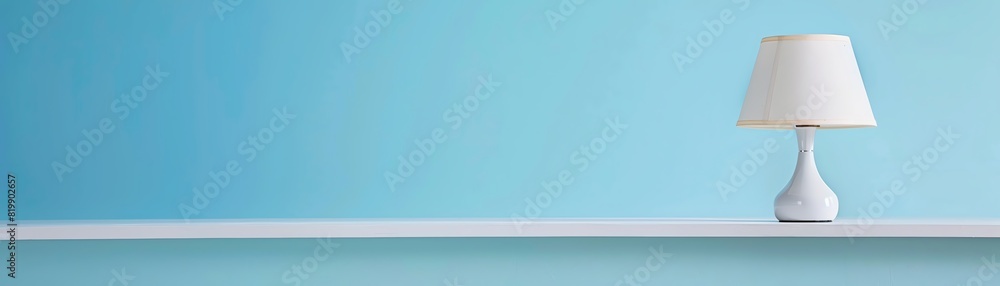 Minimalist white lamp on a clean white shelf against a light blue wall, showcasing simple home decor and interior design style. Minimalist white lamp on a clean white shelf against a light blue wall, showcasing simple home decor and interior design style.