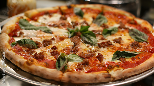 delicious pizza with tomatoes, meat, salami, pepper and herbs with lots of cheese