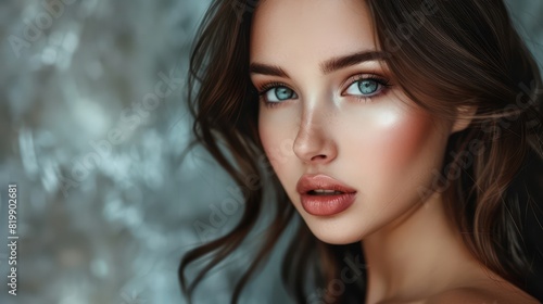 A captivating image of a young woman with brown hair showcases her impeccable evening makeup, highlighting her natural beauty and refined style. 