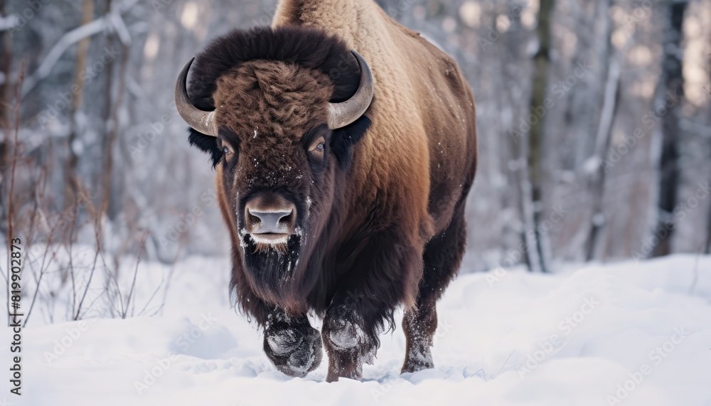 Bison thick fur covered with frost and snow, Bison walks in extreme winter weather, standing above snow with a view of the frost mountains Bison thick fur covered with frost and snow, Bison walks in extreme winter weather, standing above snow with a view of the frost mountains