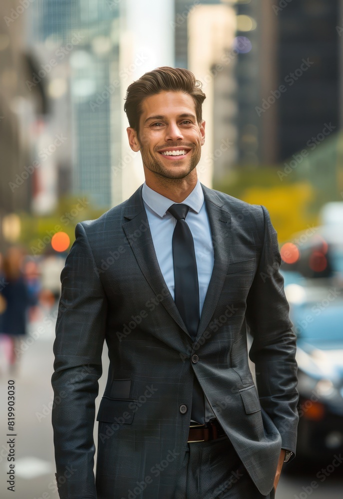 A handsome businessman with a winning smile exudes confidence as he moves through the bustling cityscape. 