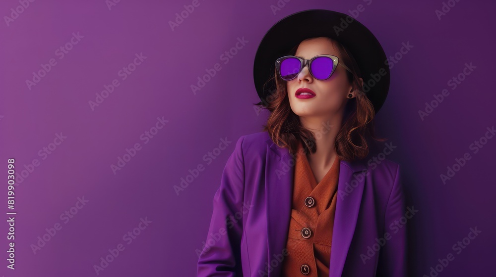 An attractive and stylish girl stands confidently against a backdrop of deep purple, her lovely demeanor and well-dressed attire making a bold statement. An attractive and stylish girl stands confidently against a backdrop of deep purple, her lovely demeanor and well-dressed attire making a bold statement.