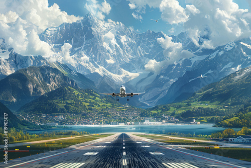 Create a dramatic scene of an airport runway carved into the side of a mountain, with sheer cliffs rising up on either side and a pristine alpine lake stretching out below, offering a breathtaking bac photo