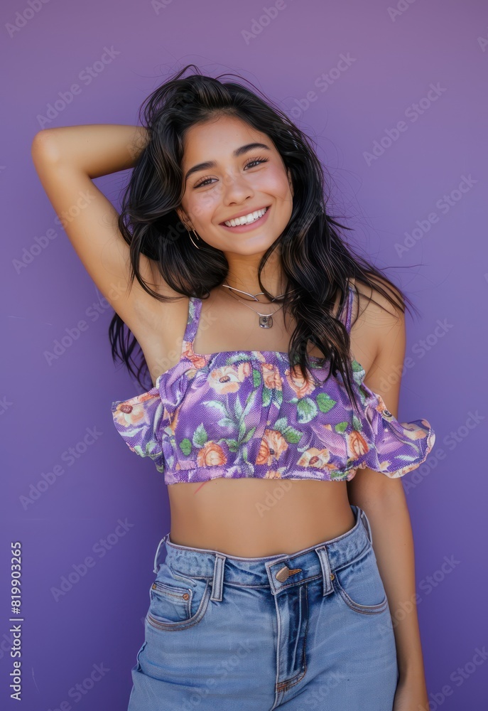 An attractive and cheerful girl poses with confidence in her fashionable attire, radiating contentment and grace against a vibrant purple backdrop. An attractive and cheerful girl poses with confidence in her fashionable attire, radiating contentment and grace against a vibrant purple backdrop.