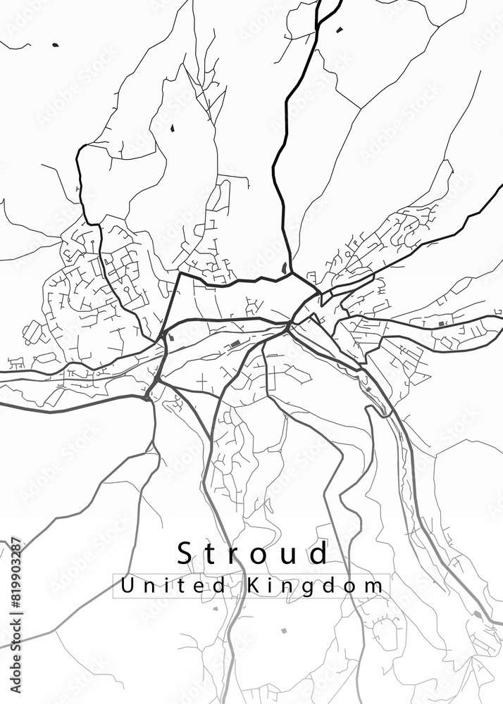 Minimalist white map of Stroud, United Kingdom – A modern map print highlighting infrastructure of the city, useful for tourism purposes
