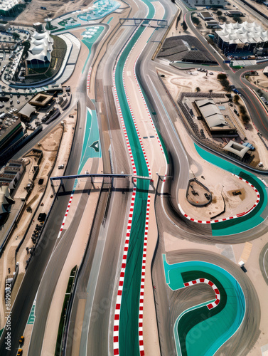 Formula One Racing Track with Sharp Turns and Pit Area