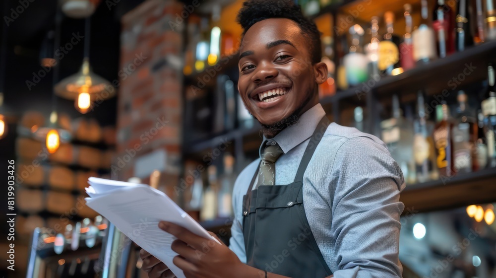 Fototapeta premium A cheerful young waiter, donning his workwear, beams with enthusiasm as he takes notes in his notepad, capturing the vibrant atmosphere of the bar counter behind him. 
