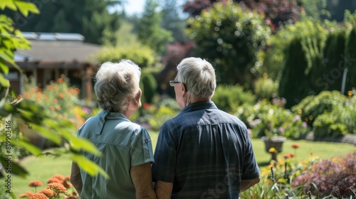 An elderly man and woman admire their garden while enjoying the fresh air in their backyard.