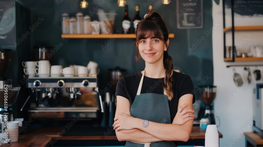 A friendly barista poses with crossed hands behind the counter, her warm demeanor and inviting stance welcoming customers to the coffee shop. A friendly barista poses with crossed hands behind the counter, her warm demeanor and inviting stance welcoming customers to the coffee shop.