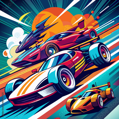 Dynamic racing themes with vibrant, speeding vehicles for sports or automotive designs.