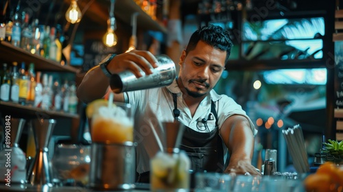 A confident Latin American bartender pours liquids into a cocktail mixer, showcasing his mastery of mixology with every drink he prepares. 