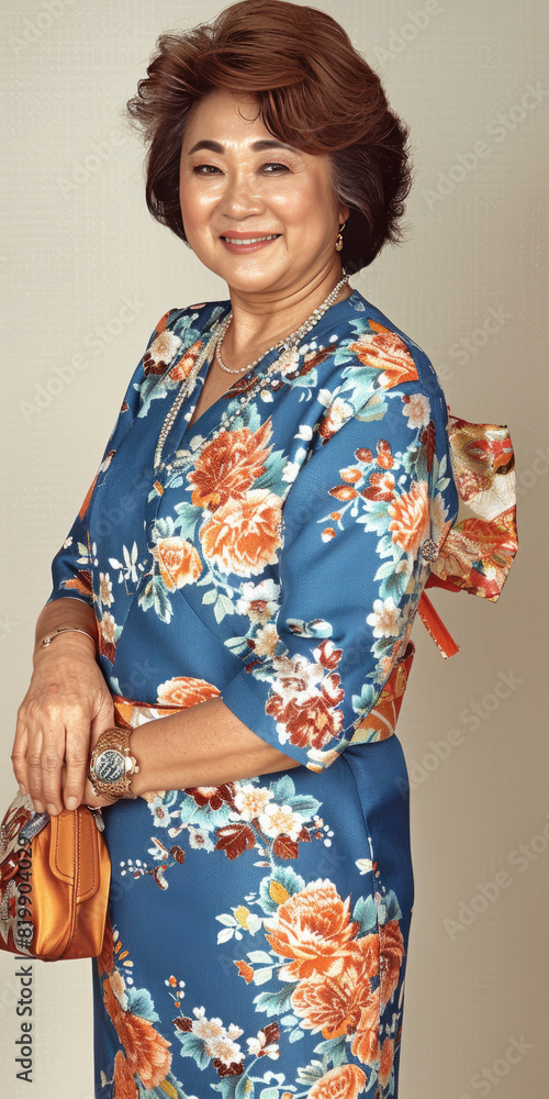Elegant Woman in Traditional Floral Kimono with Orange Purse Elegant Woman in Traditional Floral Kimono with Orange Purse