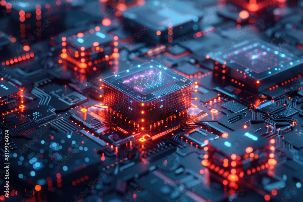 Detailed view of a computer processor highlighted by red and blue lights, showcasing intricate circuitry and technology