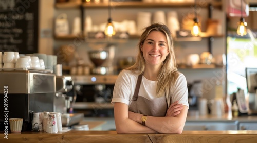 An upbeat barista poses confidently behind the counter, her crossed hands signaling readiness to serve customers with enthusiasm and efficiency. 