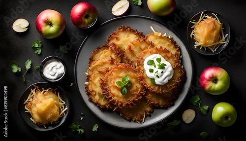 Wallpaper Mural Homemade Potato Pancakes Latkes with Apple Sauce and Sour Cream on a black background, top view. Flat lay, overhead, from above. Copy space.
 Torontodigital.ca