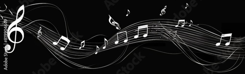 Musical notes are flying around the black background. White line drawing background  photo
