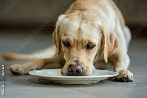 A dog is seen eating from a plate on the floor. Suitable for pet care websites