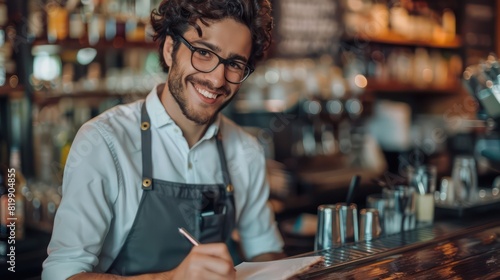 A cheerful young waiter, wearing his work uniform, smiles warmly as he takes notes in his notepad, the bustling activity of the bar counter adding energy to the scene.  photo