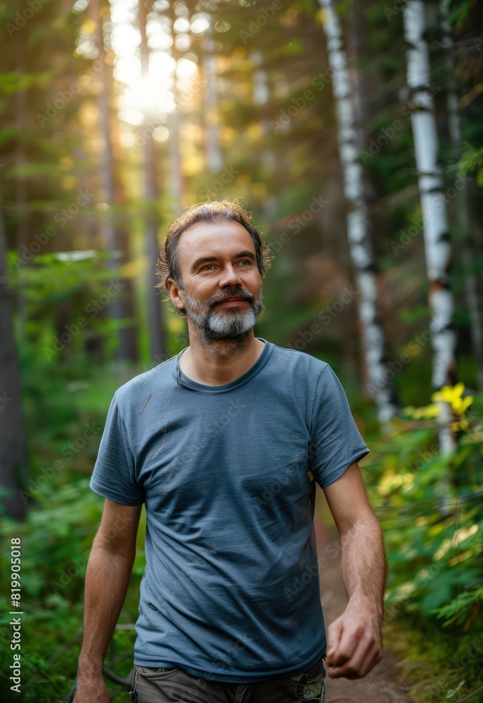 A content man enjoys a peaceful walk in nature, his serene expression reflecting the tranquility of a healthy mind and body. A content man enjoys a peaceful walk in nature, his serene expression reflecting the tranquility of a healthy mind and body.