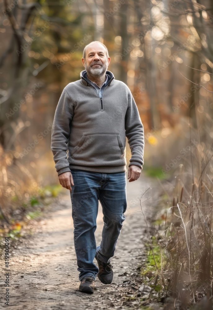 A content man enjoys a peaceful walk in nature, his serene expression reflecting the tranquility of a healthy mind and body. A content man enjoys a peaceful walk in nature, his serene expression reflecting the tranquility of a healthy mind and body.