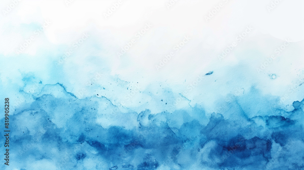 A blue and white watercolor painting with a mountain range in the background