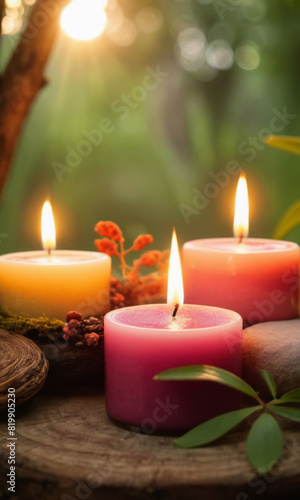 A peaceful and relaxing atmosphere with burning candles on a dark background. Relaxing evening in a cozy Thai resort. Suitable for spa and beauty themes.