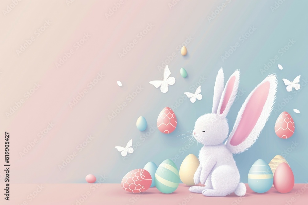 Cute white bunny sitting next to colorful eggs. Perfect for Easter decorations Cute white bunny sitting next to colorful eggs. Perfect for Easter decorations