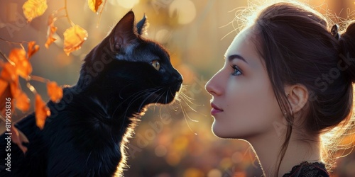 Portrait Female hugging her cute cat. Tender moment between a young woman and a kitten. Background, copy space, close up. Horizontal banner for a veterinary clinic or a homeless shelter animals.