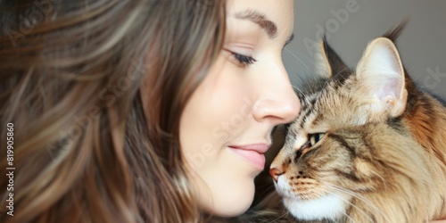Portrait Female hugging her cute cat. Tender moment between a young woman and a kitten. Background, copy space, close up. Horizontal banner for a veterinary clinic or a homeless shelter animals.