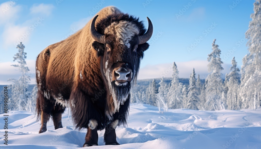 Bison thick fur covered with frost and snow, Bison walks in extreme winter weather, standing above snow with a view of the frost mountains Bison thick fur covered with frost and snow, Bison walks in extreme winter weather, standing above snow with a view of the frost mountains