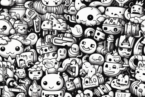 Seamless pattern with monochrome black and white colors and funny doodles  high-quality and print-ready