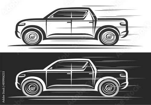 Vector logo for Pickup Truck, automotive decorative banner with simple contour illustration of line art monochrome elegant pickup truck in moving, running luxury pickup on black and white background